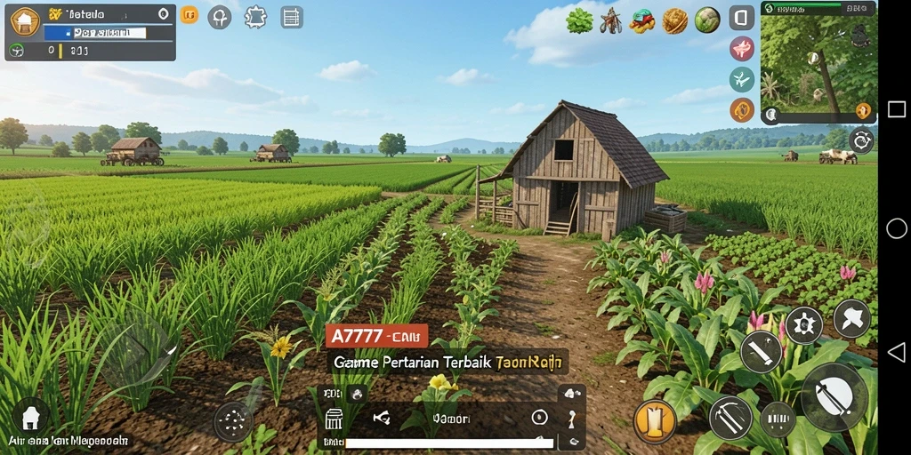 Screenshot A7777 menampilkan panorama cantik lahan pertanian yang dikelola pemain.