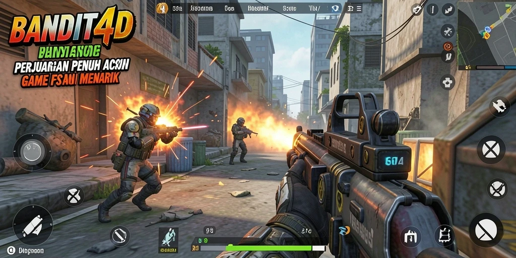 Tampilan gameplay menegangkan dari BANDIT4D yang memperlihatkan aksi FPS yang intens.