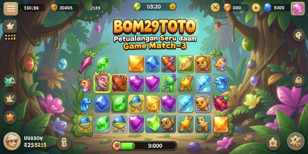 Screenshot gameplay BOM29TOTO dengan tampilan level Match-3 yang penuh warna.