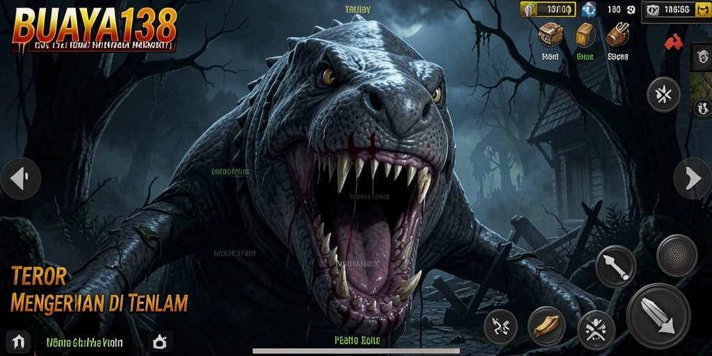 Screenshot BUAYA138 menampilkan suasana mencekam dengan karakter yang terjebak dalam kegelapan.