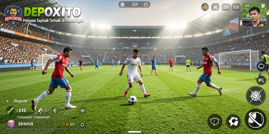 Screenshot gameplay DEPOXITO dengan aksi sepak bola yang mendebarkan.