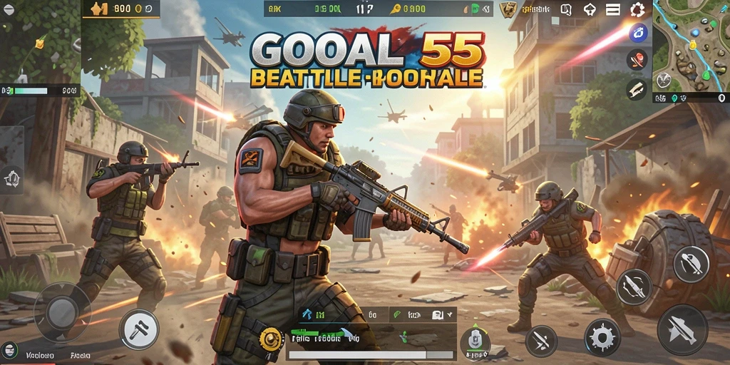 Screenshot gameplay GOAL55 menampilkan aksi pertarungan Battle Royale yang intens.