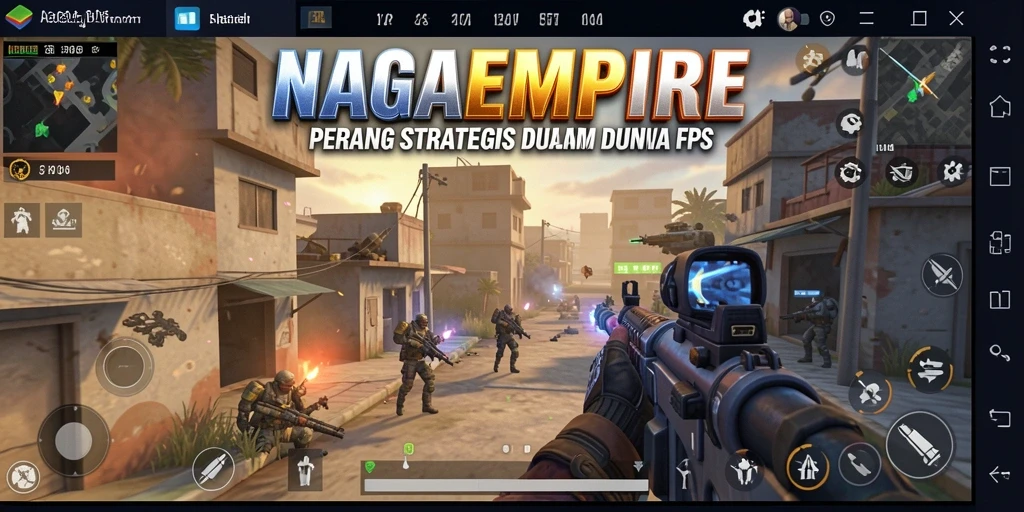 Screenshot gameplay NAGAEMPIRE menampilkan aksi menegangkan dalam pertempuran FPS.
