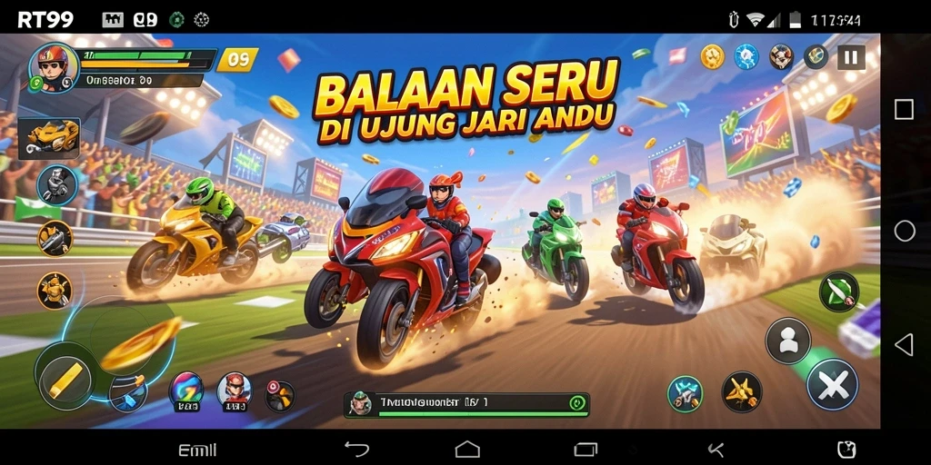 Tampilan gameplay RT99 dengan mobil balapan di lintasan.
