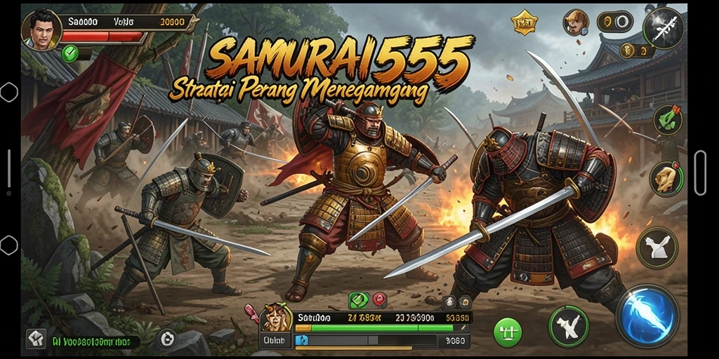 Screenshot gameplay SAMURAI555 menampilkan pertempuran strategis yang mendebarkan.
